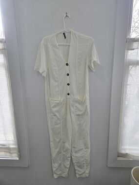 Zara Cream Button-Front Short Sleeve Jumpsuit